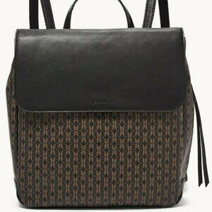 Fossil Claire Black Brown Signature Flap Backpack Bag